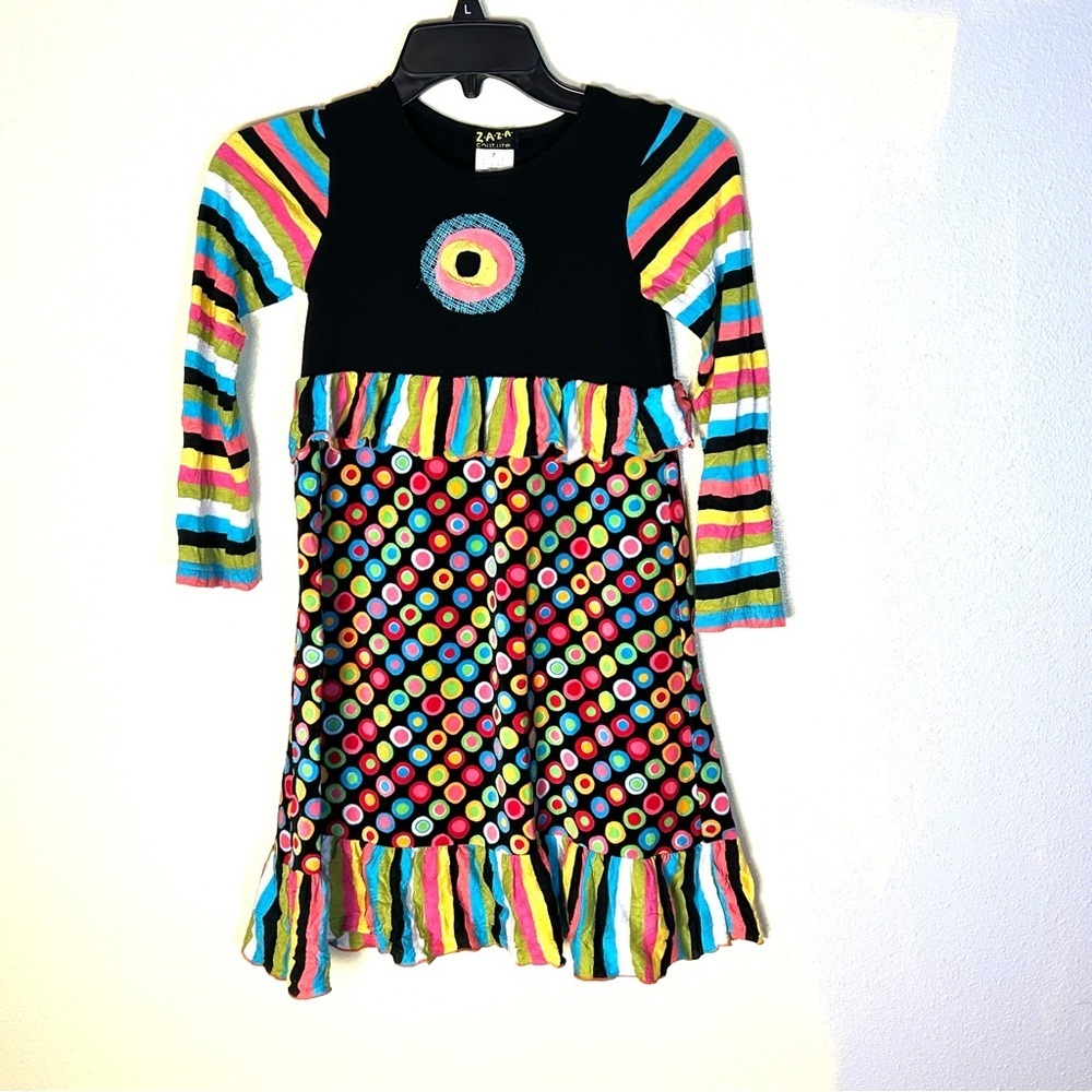 Zaza Couture Dress Size 7 Circle Striped Velvet Cotton Viscose Whimsy Fun